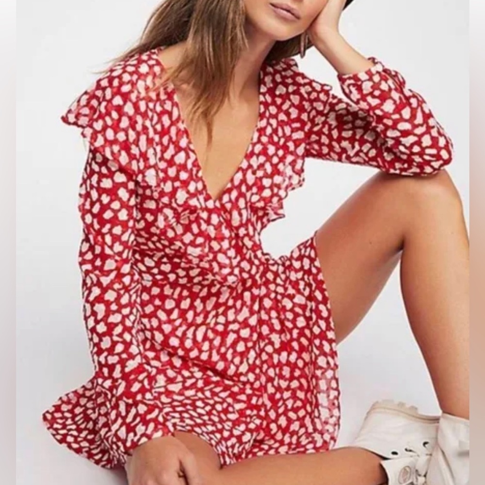 Red Printed Mini Dress with V-Neck and Ruffle Trim